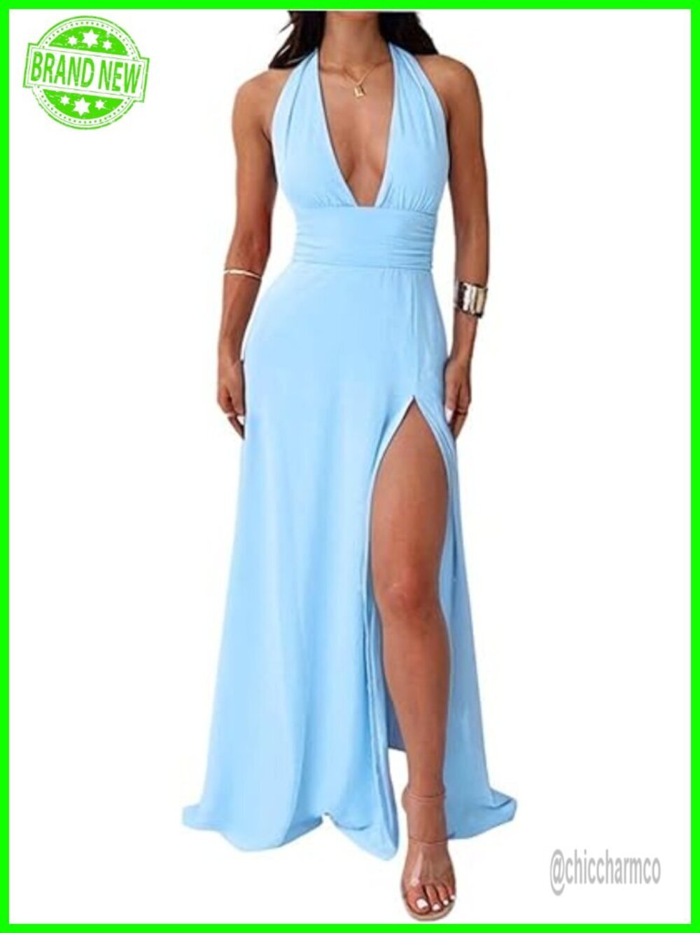 Sleeveless Deep V Neck Halter Maxi Dress with Side Split Ruched Waist Bodycon